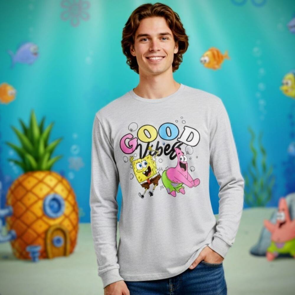 SpongeBob SquarePants Long Sleeve Shirt Large L Gray Good Vibes Patrick Star NWT